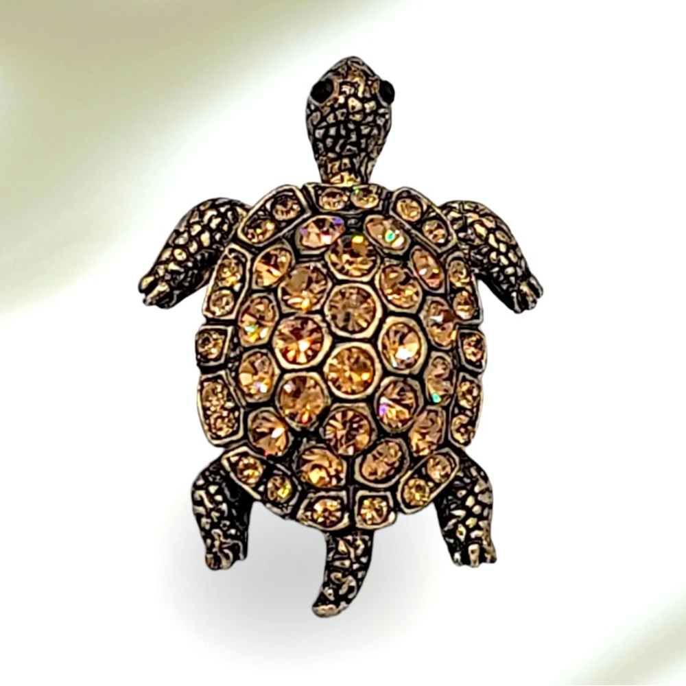 Turtle Pendant for Necklace or Brooch Amber Champagne Rhinestones, Tortoise